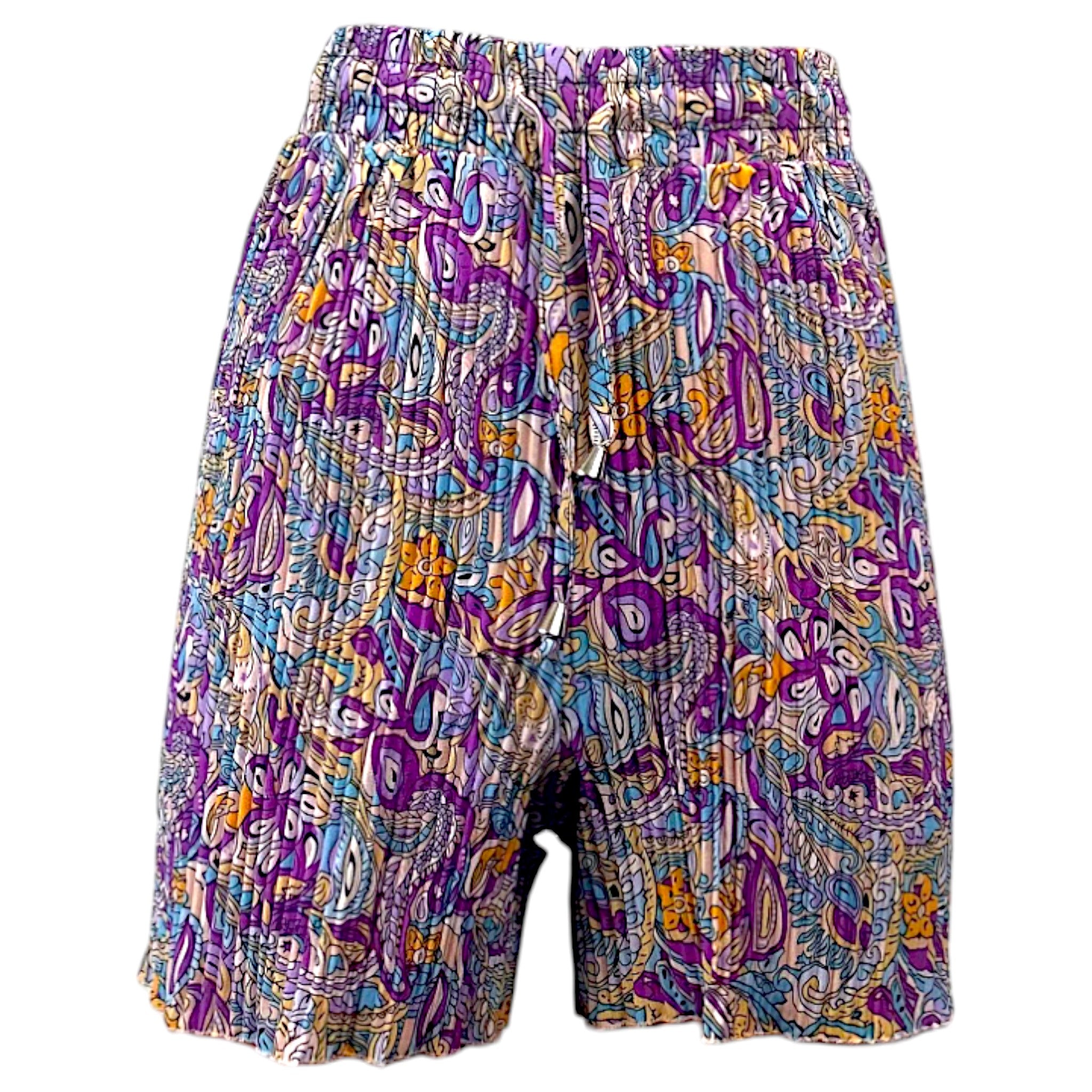 Women's multicolour paisley print shorts with elasticated waist and drawstring tie, lightweight summer casual shorts